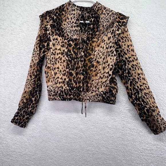 Free People Shirt Womens Extra Small Balloon Sleeve Leopard Print Smocked Flaws - Picture 3 of 14